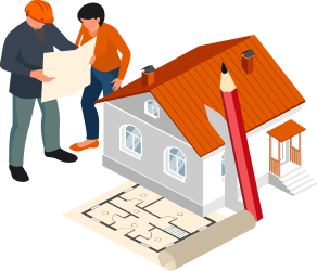 A man and woman stand beside a house, holding a pencil and blueprint, discussing roof installation plans in New Jersey.